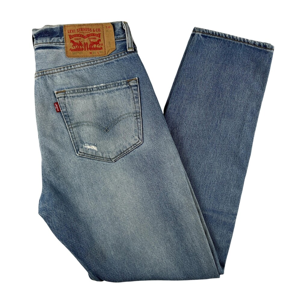 Levis 501 CT Jeans Mens 31x31 Light Wash Distressed Tapered Button Fly Thrashed